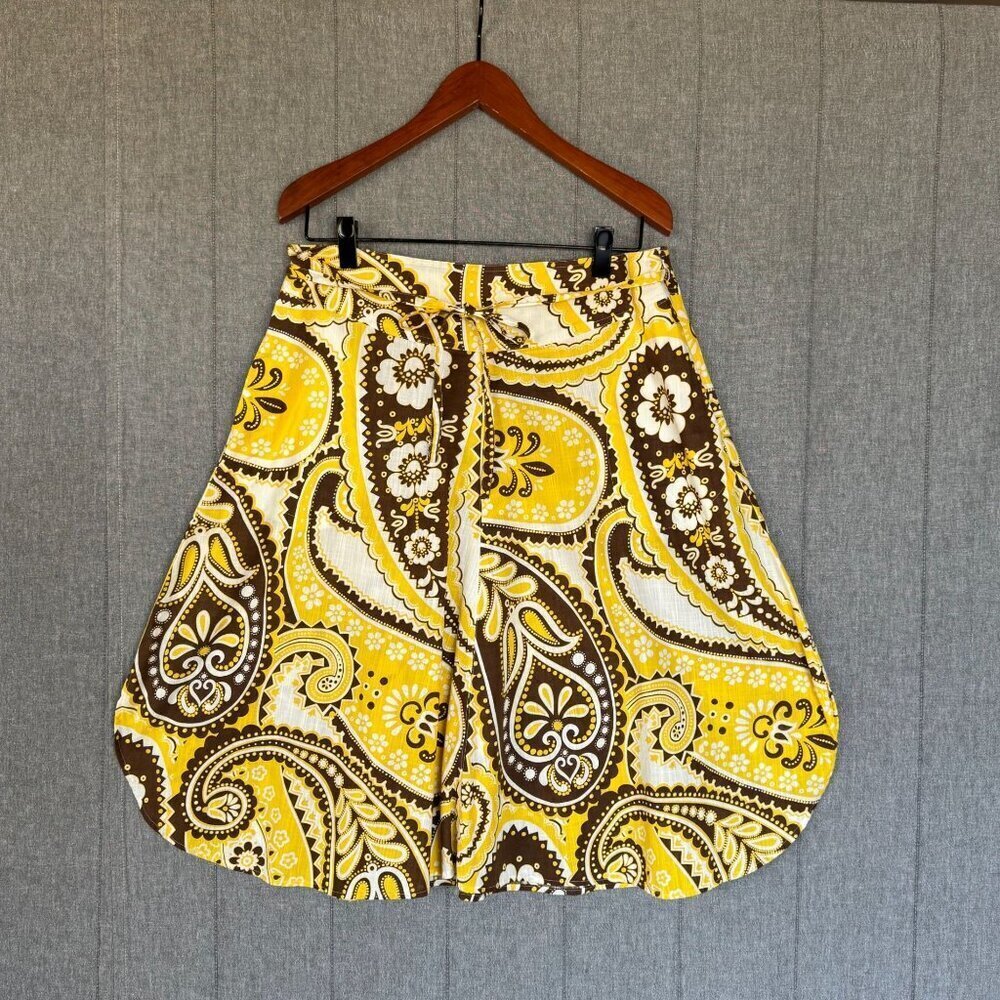 Vintage Talbots Yellow BrownPaisley Print A line Midi Skirt Plus Size 14 Petite